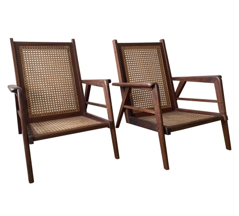 PAIR OF WALNUT AND RATTAN LOUNGE CHAIRS