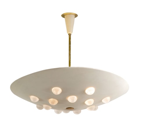 Cream enameled metal ceiling fixture with textured glass lenses by Stilnovo