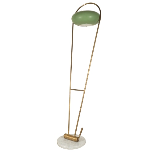 Brass floor lamp with green tole shade and marble base