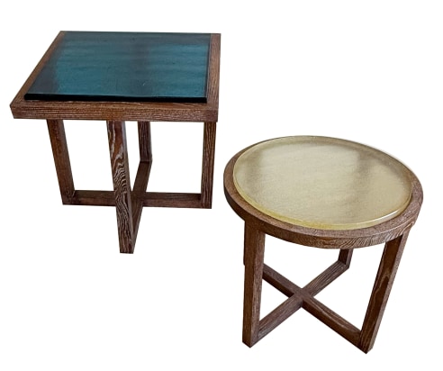 PAIR OF CERUSED OAK TABLES WITH SAIN GOBAIN GLASS TOPS