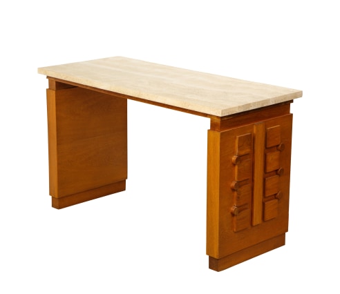 Sculpted Oak Console/Desk with Stone Top by Charles Dudouyt