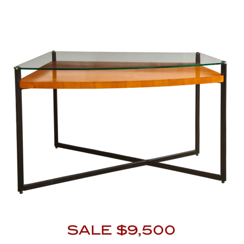Curved Fruitwood center table with glass top by Adnet