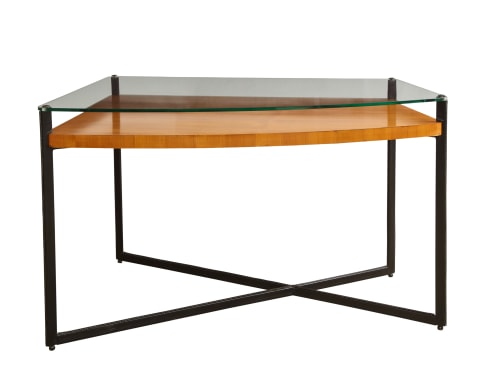 Curved Fruitwood center table with glass top by Adnet