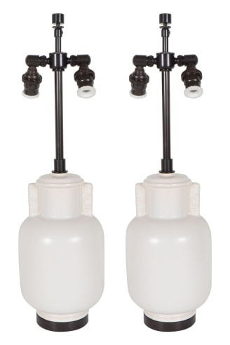Pair of White Art Deco Lamps with Greek Key Motif
