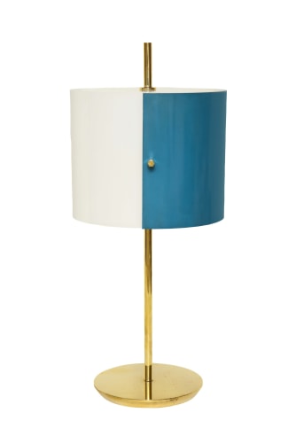 Petite table lamp with blue and white shade by Stilnovo