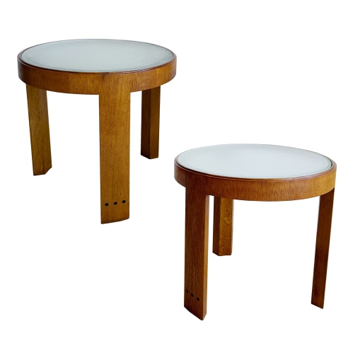 PAIR OF WALNUT AND FROSTED GLASS TABLES