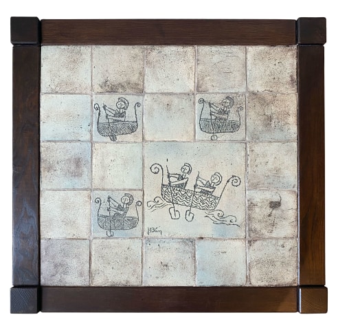 JACQUES BLIN CERAMIC TILE AND WOOD TABLE