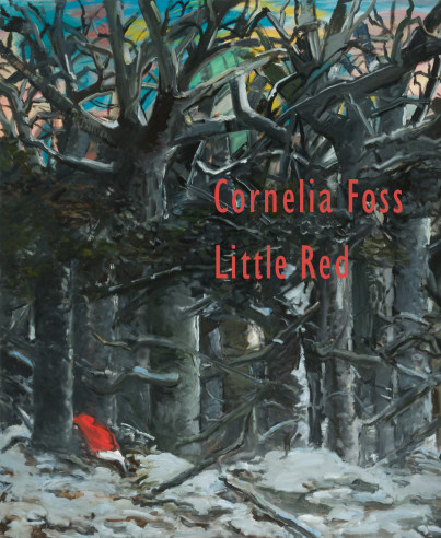 Cover to the e-catalogue, "Cornelia Foss | Little Red," featuring a snowy woodland with a darting figure in a red coat.