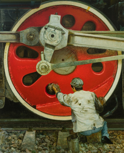 Zhongli Gong (Chinese, active 1981–84), "Polishing," 1984. Oil on canvas, 55 x 45 in. Cover to catalogue for "The Art of Trains."