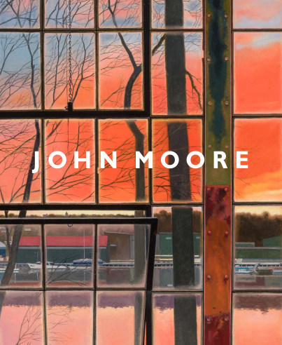 Cover to e-catalogue of "John Moore: Poetry of Place," featuring a detail of a scene looking out an industrial window.