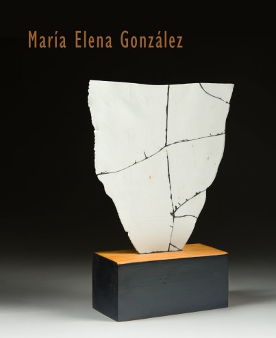 Cover to e-catalogue for "Maria Elena Gonzalez: Riven," a gallery exhibition opening on May 5, 2023. Featuring "Fragment 2" (2021), porcelain, epoxy, wood, and latex paint, 13 3/4 in. high.