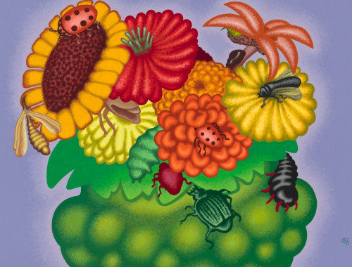 Painting by Peter Saul titled Bowl of Flowers with Insects from 2020