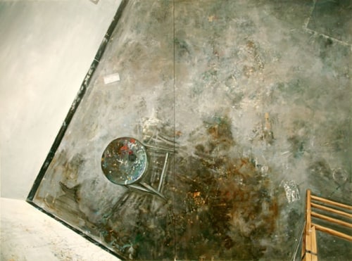 Amer Kobaslija, Painter&amp;#39;s Floor with Chair and Ladder, 2005. Oil on panel, 71 3/4 x 96 inches (diptych).