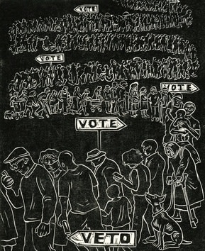 Sue Coe, &amp;#39;Vote,&amp;#39; 2022. Linocut on lightweight white Rives paper, 13 1/8 x 10 inches (paper); 7 1/4 x 6 inches (image). Edition of 100, 5 AP.&amp;nbsp;&amp;copy; Sue Coe, Courtesy Galerie St. Etienne, New York.

&amp;nbsp;