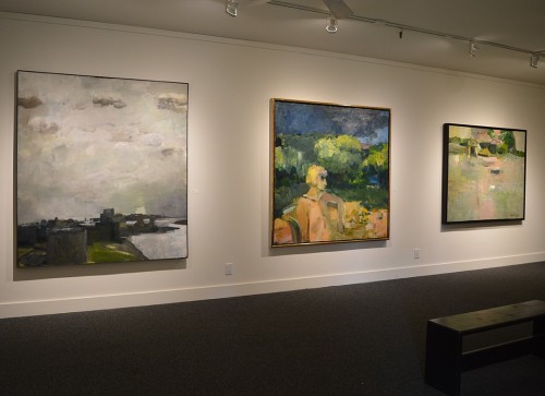 Pictured, left to right: Estuary, 1962; Figure Seated in a Backyard, 1959; Figures in Landscape, 1956; installed at Marin MoCA.