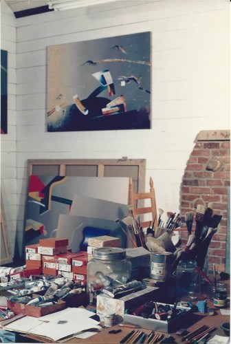 Interior view of Joanna Beall Westermann&amp;rsquo;s studio, with the fireplace at right, c. 1990s. At the left, her paintings, New Light Coming In, 1991 (top) and Corrugated Object, 1980 (bottom).

Image courtesy Dumbarton Arts, LLC.