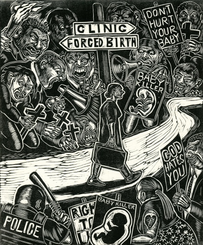 Sue Coe, Forced Birth, 2022. Linocut on white paper, 13 x 10 inches (paper); 10 1/4 x 8 1/2 inches (image). Edition of 35, 5 AP.