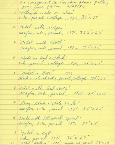 Joan Brown handwritten checklist of drawings