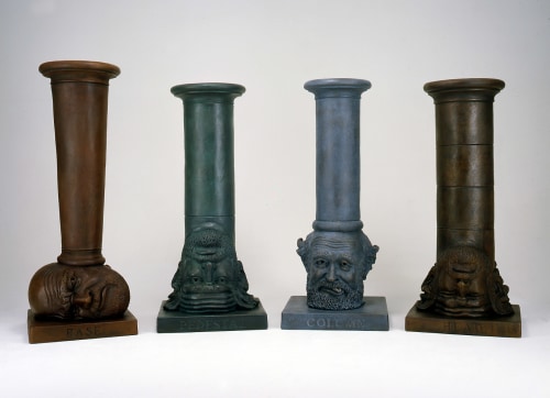 Four bronzes by Robert Arneson, all 1992. L-R:

Base for Easy Listening, 60 x 22 1/2 x 24 inches.

Pedestal for Self-Evaluation, 56 x 24 x 22 1/2 inches.

Column for a Toupee, 56 1/2 x 23 1/2 x 23 1/2 inches.

Head Stand for Naught, 56 x 24 x 23 inches.