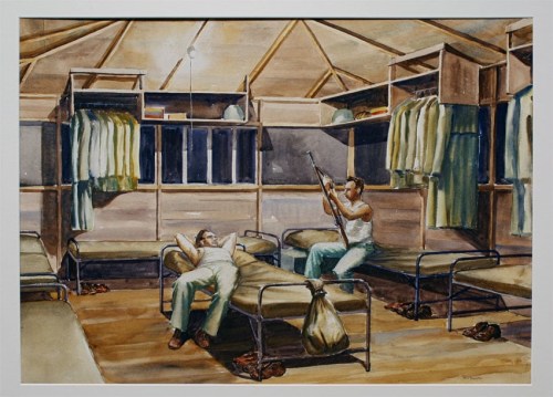 
Philip Pearlstein
Two Soldiers in Hut, Camp Blanding [#28], 1943&amp;nbsp;
Watercolor on Paper
21 1/4 x 29 1/2 inches
PP13805

&amp;nbsp;