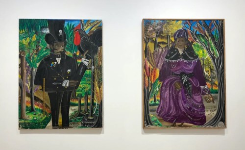 Two portraits of a man in a black suit and a woman in a purple dress, painted by the Haitian artist Andre Pierre