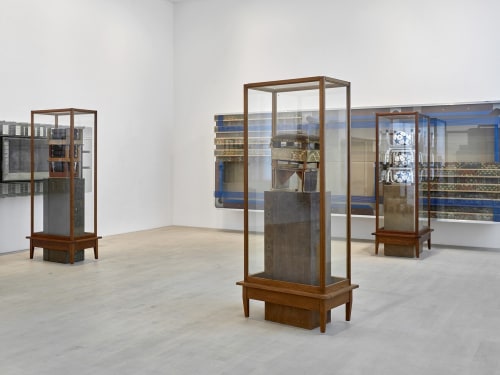Gallery installation of sculpture in glass vitrines