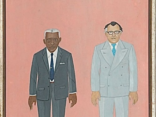 Painting of 2 figures standing in front of a peach color background -- a black man with gray hair in a dark suit, a white mane in a light gray suit