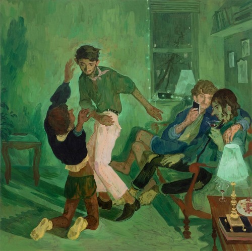 Salman Toor,&amp;nbsp;Four Friends, 2019. Oil on plywood, 40 &amp;times; 40 in. (101.6 &amp;times; 101.6 cm). Collection of Christie Zhou. &amp;copy; Salman Toor. Image courtesy the artist and Luhring Augustine, New York.