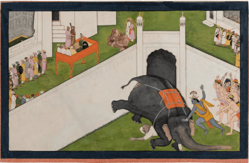 indian miniature painting of an elephant and crowd of people