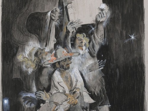 Charcoal drawing of 3 figures holding tambourines and flags