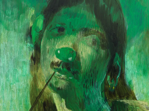 Green portrait painting of a young man wearing a clown nose