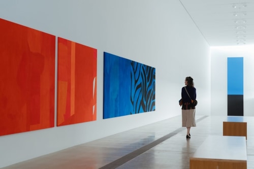 A woman standing in front of 3 large abstract paintings: 2 orange and 1 blue