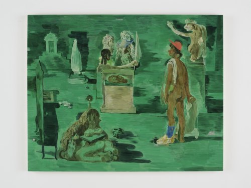 Green painting of a naked figure in a museum