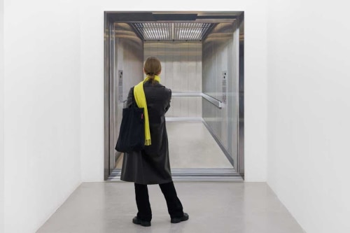 Woman standing in front of a painting of an elevator
