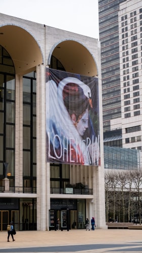 Installation view of Sanya Kantarovsky&amp;#39;s Lohengrin, 2022, banner at The Metropolitan Opera House, 2023. Photo by Rub&amp;eacute;n Sosa / Met Opera.