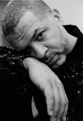 Black and white photograph of the musician Jason Moran