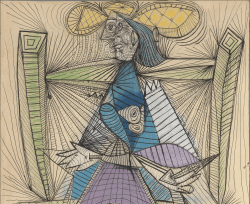 Detail of Pablo Picasso, Dora Maar in a Wicker Chair, 1938, Ink, charcoal, and pastel on paper, The Metropolitan Museum of Art. 