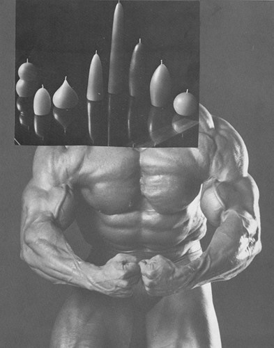 Ruby’s Physicalism/The Recombine 2 (2006) is from a six-part series of collages of photographs of posing bodybuilders juxtaposed with candles.
