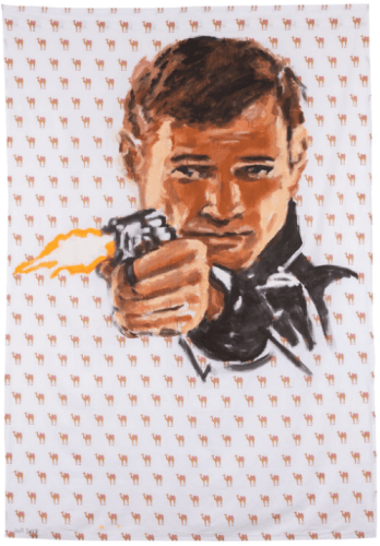 Acrylic on bedsheet painting of a man firing a gun by Walter Robinson