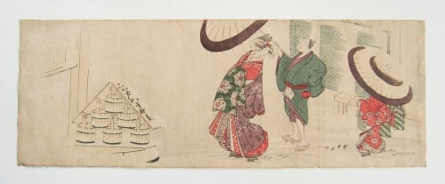 Ryūryūkyo Shinsai - Long surimono of Oiran with kamuro and attendant in the snow at the Gate of Edo - Artworks - Joan B Mirviss LTD | Japanese Fine Art | Japanese Ceramics