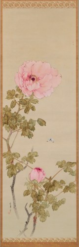 Watanabe Seitei - Blossoming pink peonies with white butterfly - Artworks - Joan B Mirviss LTD | Japanese Fine Art | Japanese Ceramics