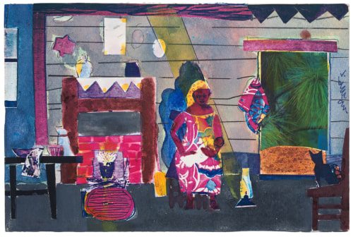 Bayou Fever,&nbsp;Untitled (Wife and Child in Cabin), 1979, Collage, pencil, and acrylic on fiberboard