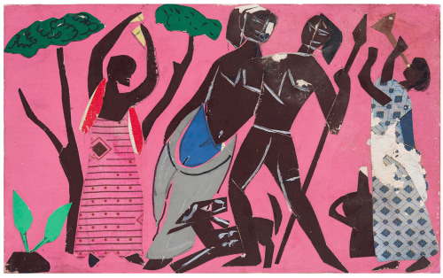Bayou Fever, Unititled (African Men and Women/Trees), 1979, Collage and acrylic on fiberboard