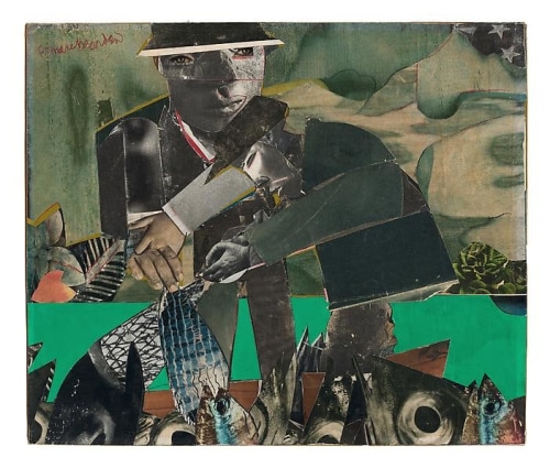 Romare Bearden, Fishing and Crabbing, Three Mile Creek, c. 1965.                                    Collage and colored pencil on board, 9 3/4 x 11 5/8 inches.