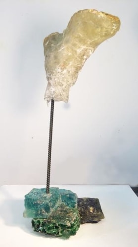 Rachel Owens. Brother Boot, 2015. Broken glass cast in resin, steel rebar, and 24K gold leaf, 20 x 12 x 9 in.