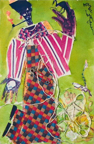 Bayou Fever, The Buzzard and the Snake, 1979, Collage on fiberboard with attached string and safety pin