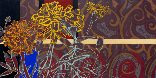 Summer Sari Marigolds, 2017, Oil, acrylic, gold leaf, and silk on canvas
