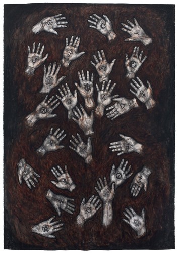 27 Hands, 1990, Oil stick and charcoal on paper