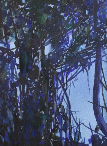 Tree and Night, 2016, mixed media on paper, 6 x 4 1/2 inches (image); 12 x 9 inches (paper)