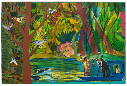 Bayou Fever, The Magic Root (Spotted Deer and the Father), 1979, Collage and acrylic on fiberboard